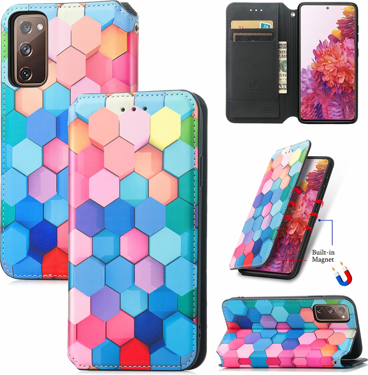 Luxe PU Lederen Wallet Case + PMMA Screenprotector voor Galaxy S20 FE (4G/5G) _ kleurrijke Honingraat