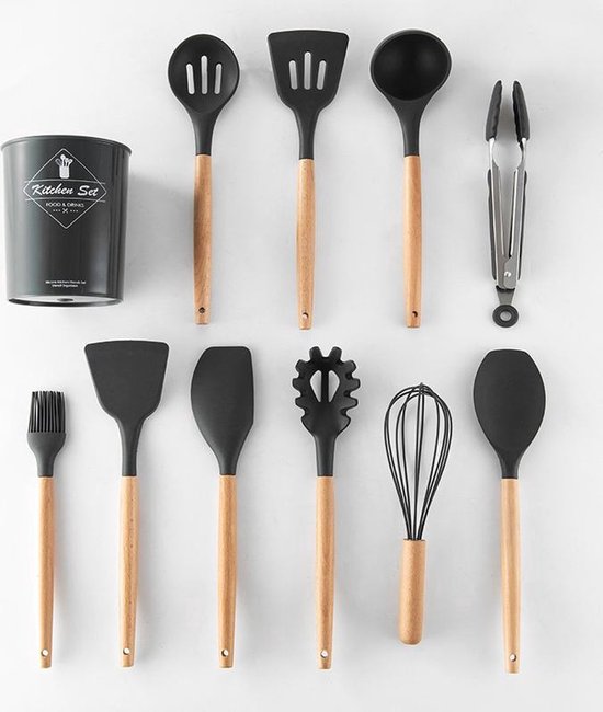 Fishermex Kitchenware - 12 Delige keukengerei set inclusief houder - Siliconen met houten handvat - Grijs
