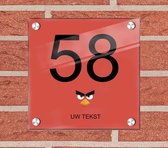 Huisnummer naambord plexiglas 15x15x0,5cm Angry Birds design- met naam bedrukken Huisnummerbordjes, Naambordje voordeur, naamplaatje voordeur, huisnummer bord, huisnummer borden