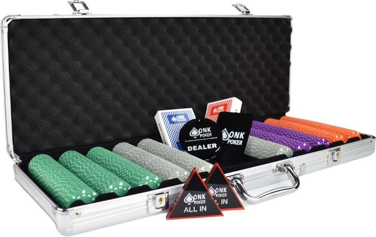 Mega Starter Pokerset 500 Poker Chips Compleet - pokerkoffer - pokersets - pokerfiches - pokerchips - poker kaarten - pokerkaarten - dealerbutton - all in button - cut card