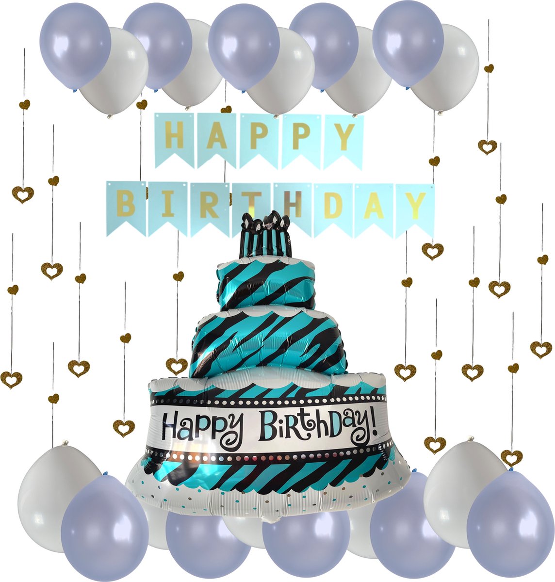 Ballonnen Taart Thema - 75 CM Hoog, Ballonnentaart - 65 Hartjes en 20 ballonnen - Verjaardagstaart Ballon Set - Happy Birthday Taart - Verjaardag Versiering -Slinger - Feest ballonnen
