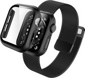 Hoesje met Screenprotector + Bandje geschikt voor Apple Watch 7 45 mm - Magnetisch Bandje Zwart - Case met Screenprotector