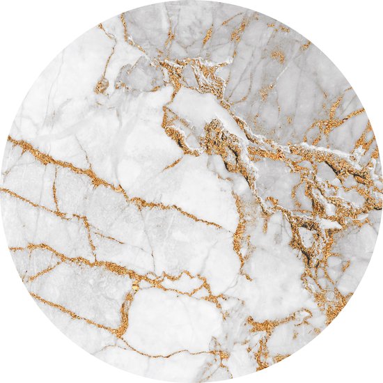 Papier peint non tissé - Wall Circle Marble Wit Yellow Gold – Wall Circle Vinyl sur papier peint intissé – Ø 146 cm