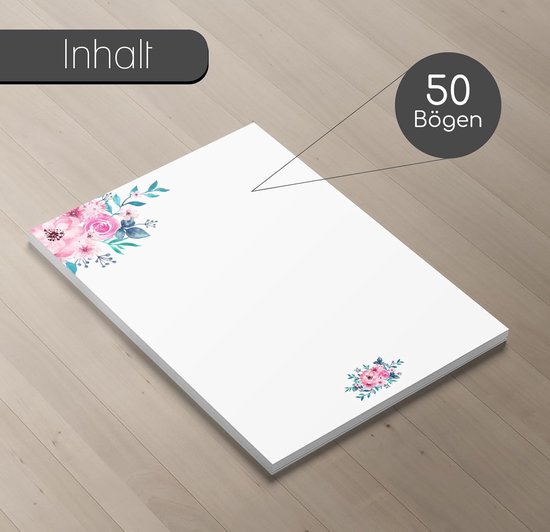 DV_427 Set de papeterie, fleurs aquarelles, rose, 50 feuilles, 90 g/m², DIN A4, papier à lettres élégant, polyvalent, vert rose, certificat d'anniversaire, menu