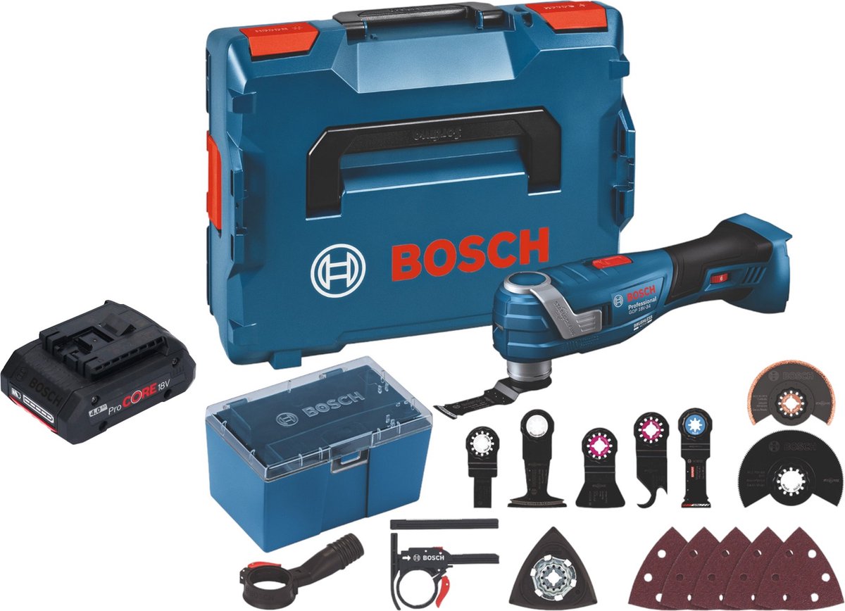 Bosch GOP 18V-34 Professional accu multisnijder 18 V Starlock Plus + 1x ProCore accu 4,0 Ah + 17-delige accessoireset + L-Boxx - zonder oplader