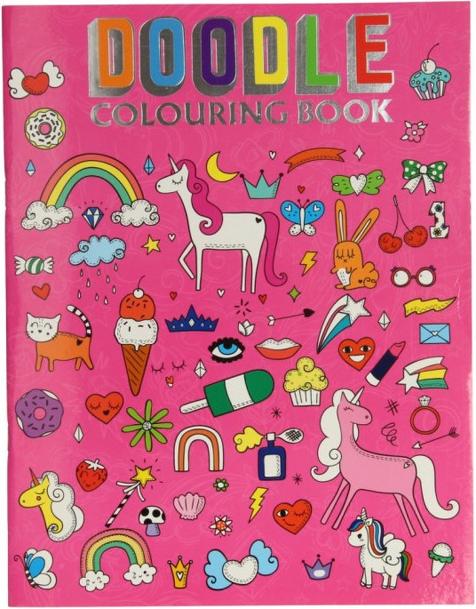 Roze unicorn doodle kleurboek voor meisjes, met eenhoorns / paardjes (pony) en andere dieren (creatief kleuren en tekenen / droedels / kinderfeestje)