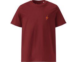 Lightning Symbool - Bitcoin T-shirt - Oranje Geborduurd - Unisex - 100% Biologisch Katoen - Kleur Bordeaux Rood - Maat M | Bitcoin cadeau| Crypto cadeau| Bitcoin T-shirt| Crypto T-shirt| Bitcoin Shirt| Bitcoin Merchandise|Crypto Merch|Bitcoin Kleding