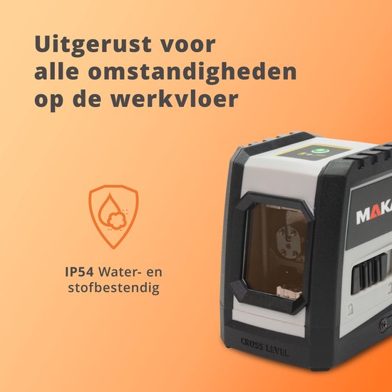 MAKA kruislijnlaser met tekst 'IP54 Water- en stofbestendig'.