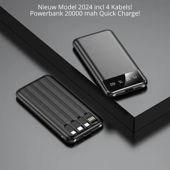 Powerbank 20000 mAh Quick Charge - Ingebouwde LED Zaklamp - 4 Stevige Ingebouwde Kabels - Nieuw Model 2024 - Zwart