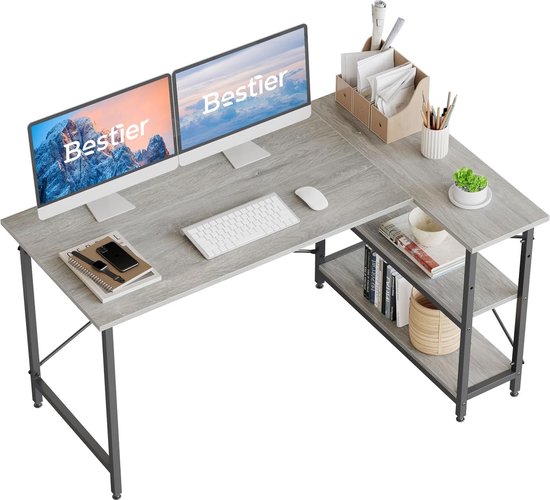 Computertafel met opbergvakken, bureau, klein L-vormig hoekbureau met planken, 140 cm, omkeerbare computertafel, bureau met boekenplank voor thuiskantoor, kleine ruimte HMTM-D244X-GRY