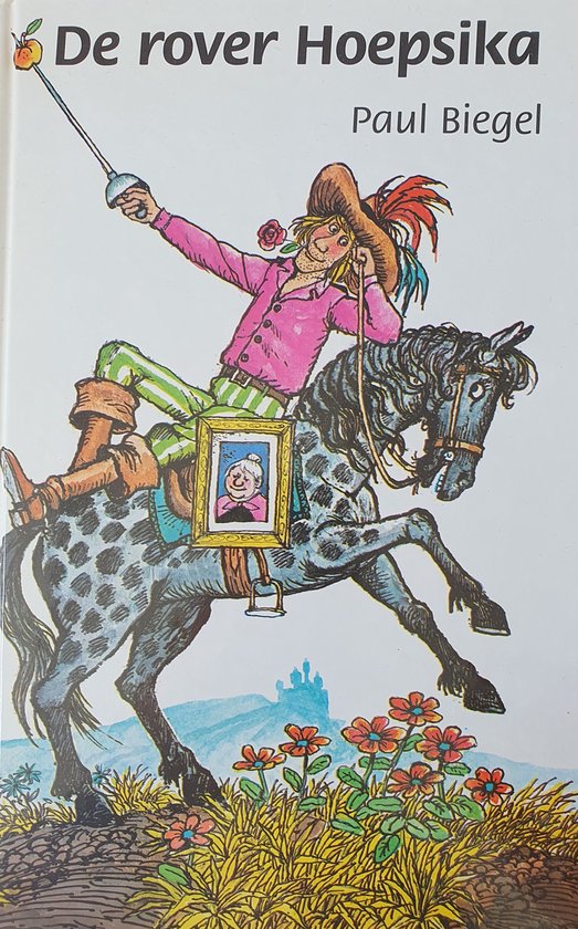 De rover Hoepsika Paul Biegel kinderboek, vrolijk gekleurde illustratie van een man met hoed op een paard.
