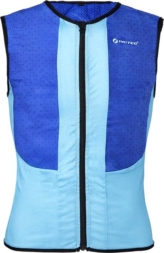 Blauw koelvest met een ritssluiting aan de voorkant en een geperforeerd stoffen paneel.