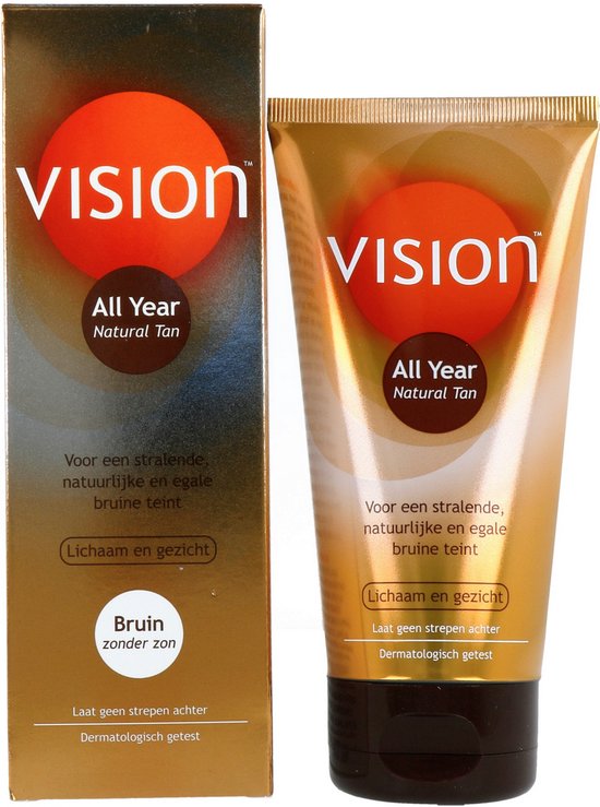 Doos en tube van Vision All Year Natural Tan zelfbruiner met oranje cirkel en tekst.