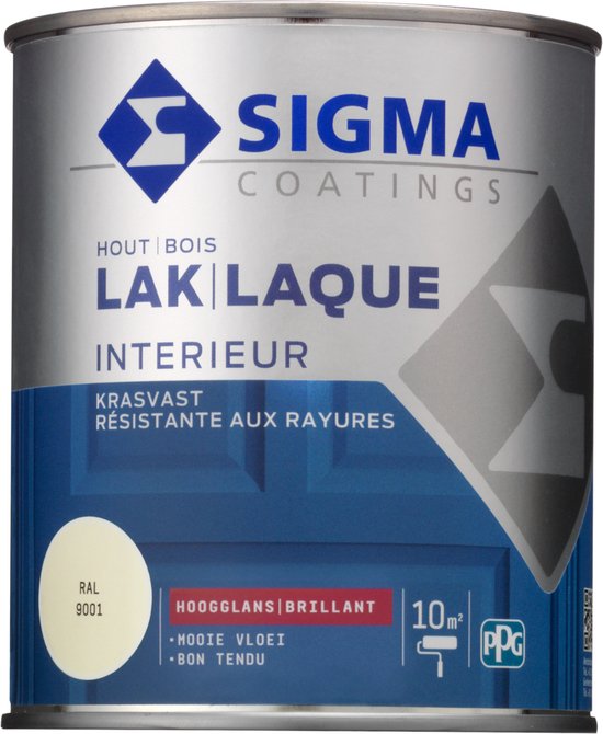 Sigma Houtlak Interieur Glans - Kras- & Slijtvast - Droog na 1 uur - Geurarm - RAL 9001 - Wit - 0.75L