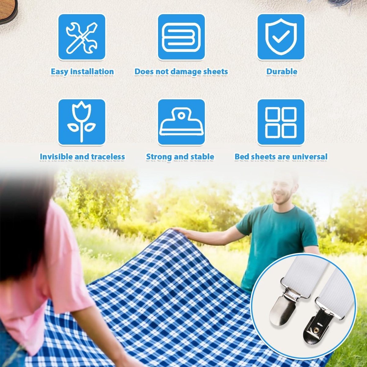 YSWOVUO 5 Pièces Élasticité Réglable Clips Pince Pour Nappe, Clips De Nappe à Sangle Cachée, Attache Nappe Pour Sécuriser Nappe Pique-Nique Tables Canapé Lit, Accroche Nappe Exterieur & Intérieur