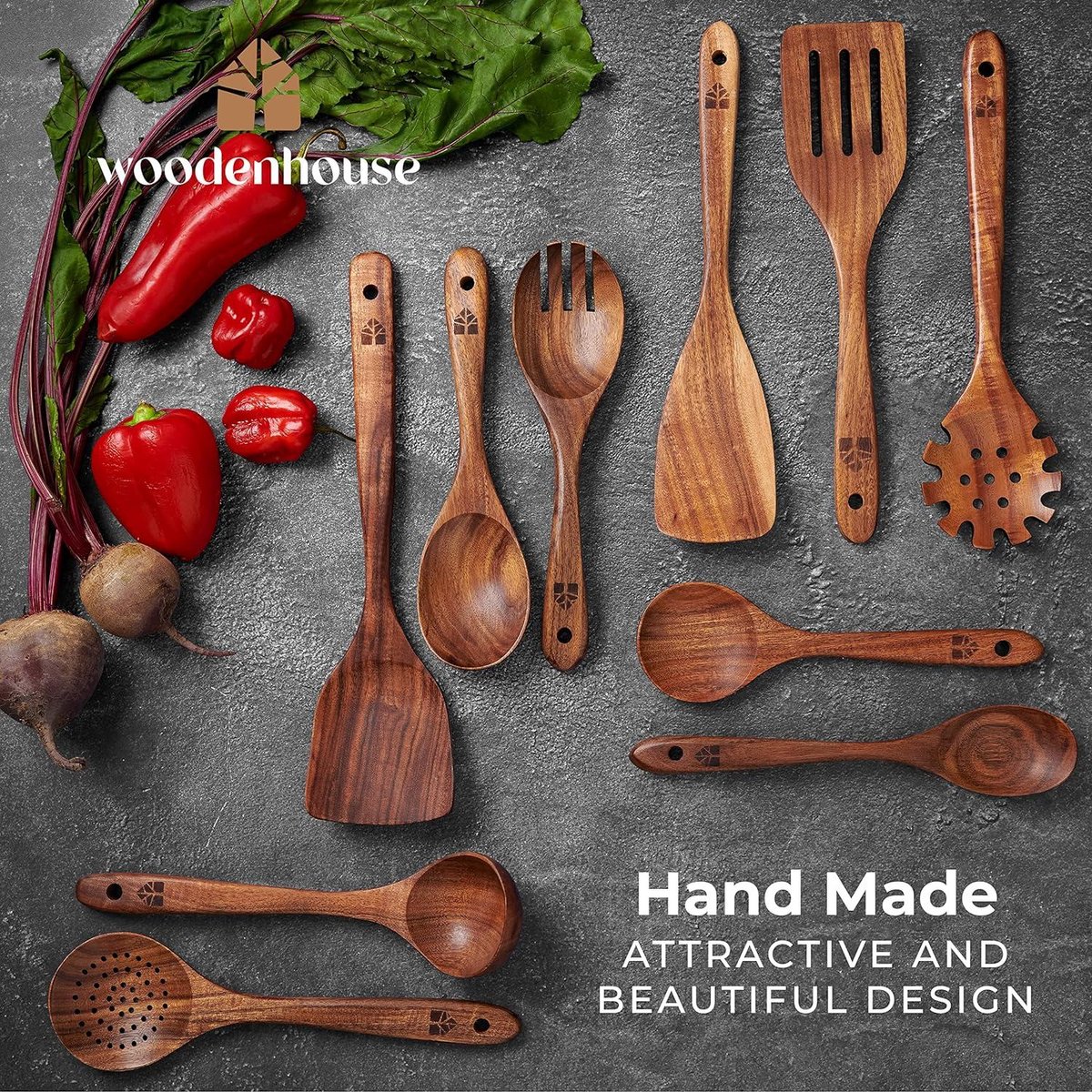 Houten kookgerei set voor in de keuken | Duurzame houten lepels en