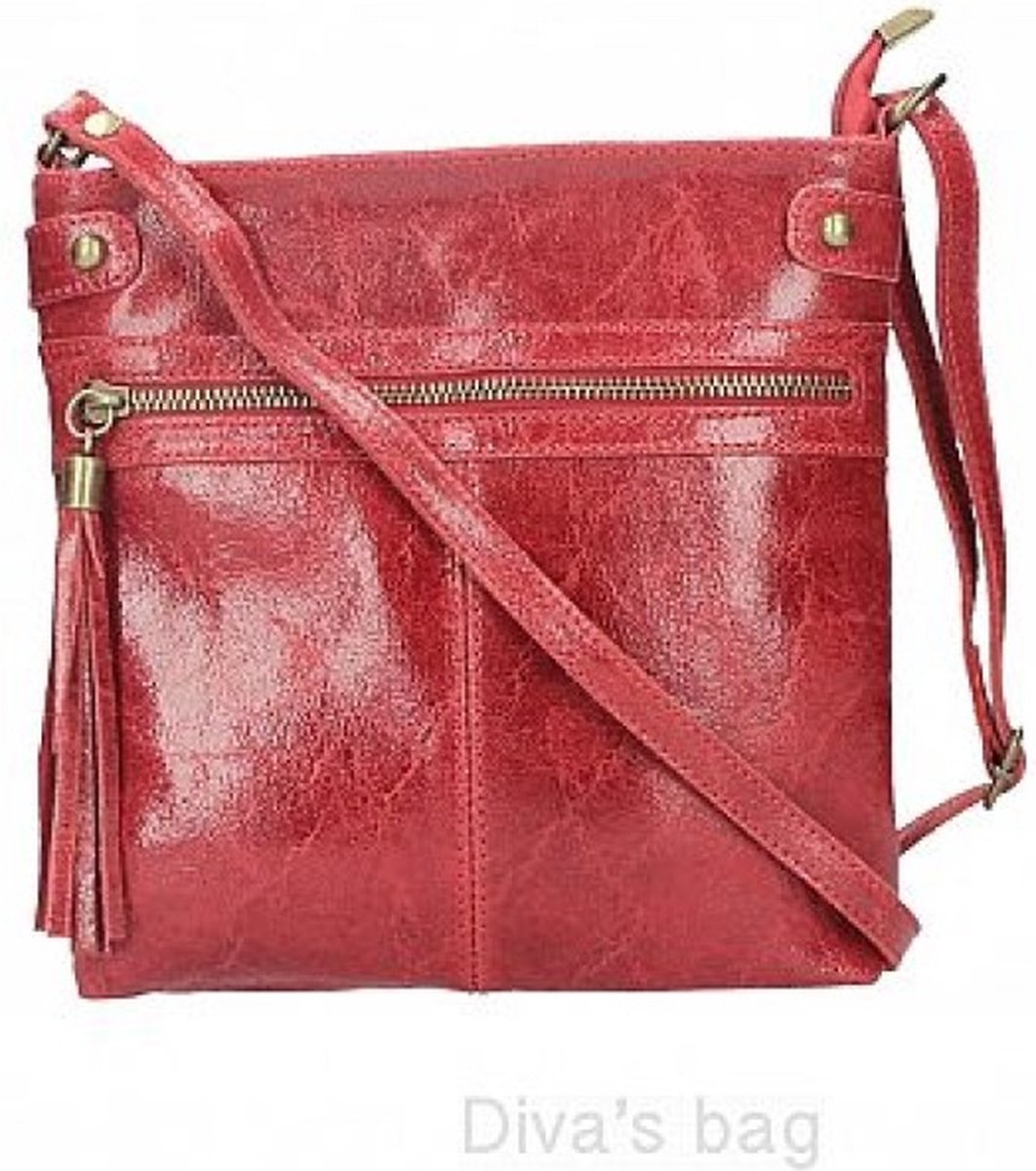 Echte Leren schouder tas met rietsluiting - voor en achter vak - kleur ROOD