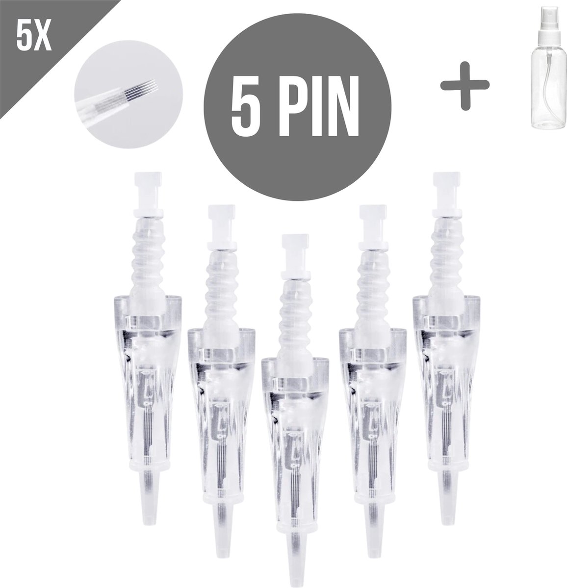 Dermapen naalden F5 - 5 pin naalden- Microneedling cartidges - Mesotherapie - Vervangende naaldkoppen - Opzetstuk dermapen - Anti-aging - Huidverzorging - Geschikt voor Dr.Pen A6/A1/E30/M5/M7/N2/MyM - 5 stuks + Sprayflesje 50 ml per bestelling