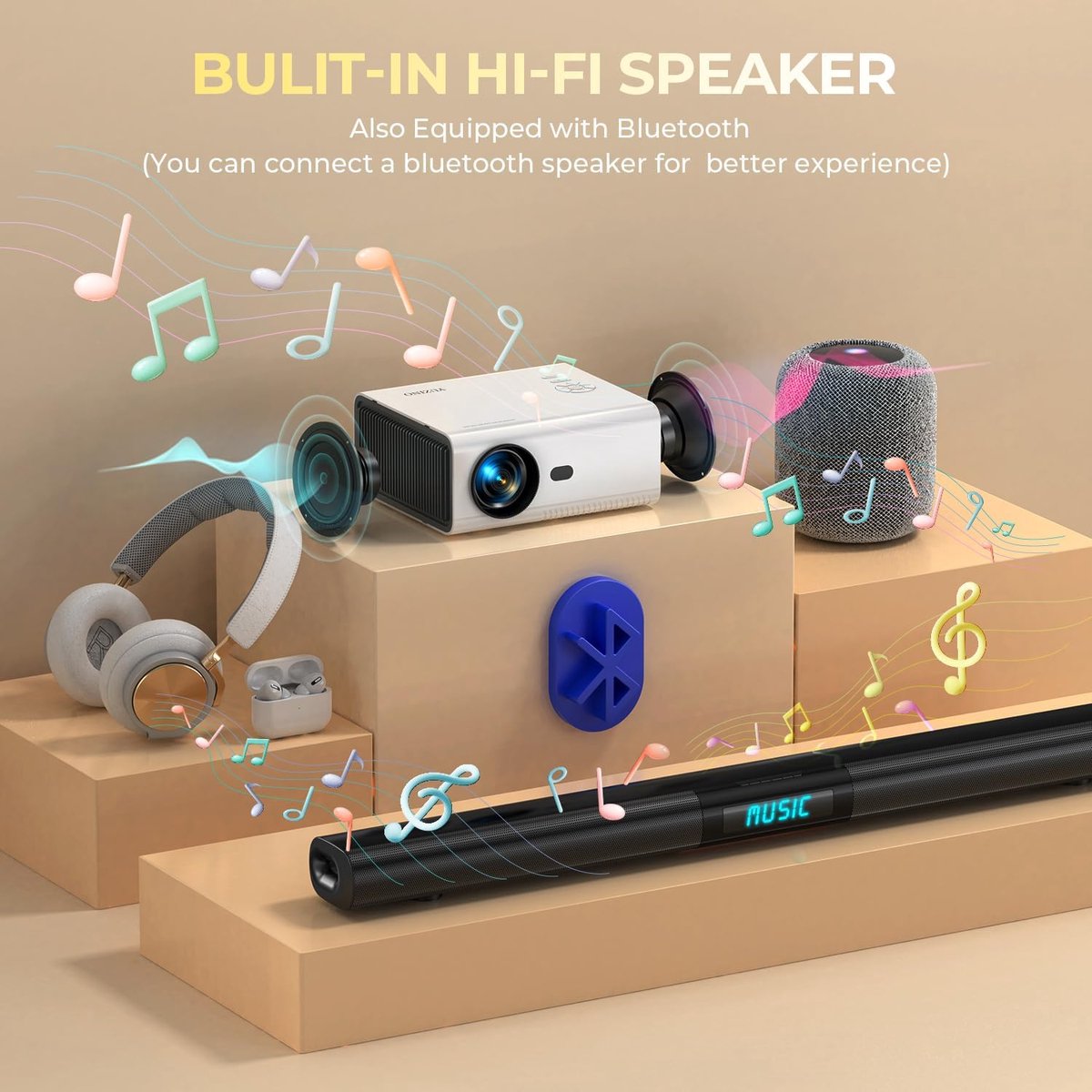 AKATUO Beamer, Bluetooth mini-beamer, 10.000 lumen, 1080p Full HD, 250 inch display, draagbare projector, lcd thuisbioscoop, outdoor, compatibel met tv-stick/X-box/dvd/laptop/smartphone