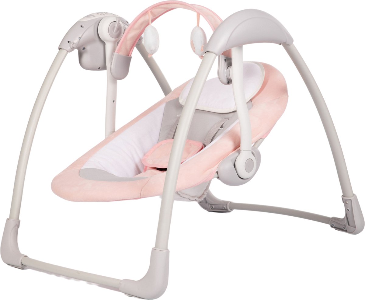Goedkoopste Bo Jungle - Schommelstoel - Swing Baby - Tot max. 9 kg - Inclusief Speelboog - Verstelbaar - Zachte stof - Muziek vibratie functies en natuurgeluiden - Timerfunctie - Netstroom kabel of batterijen - Plooibaar - Portable Swing Dolphy Grijs Roze