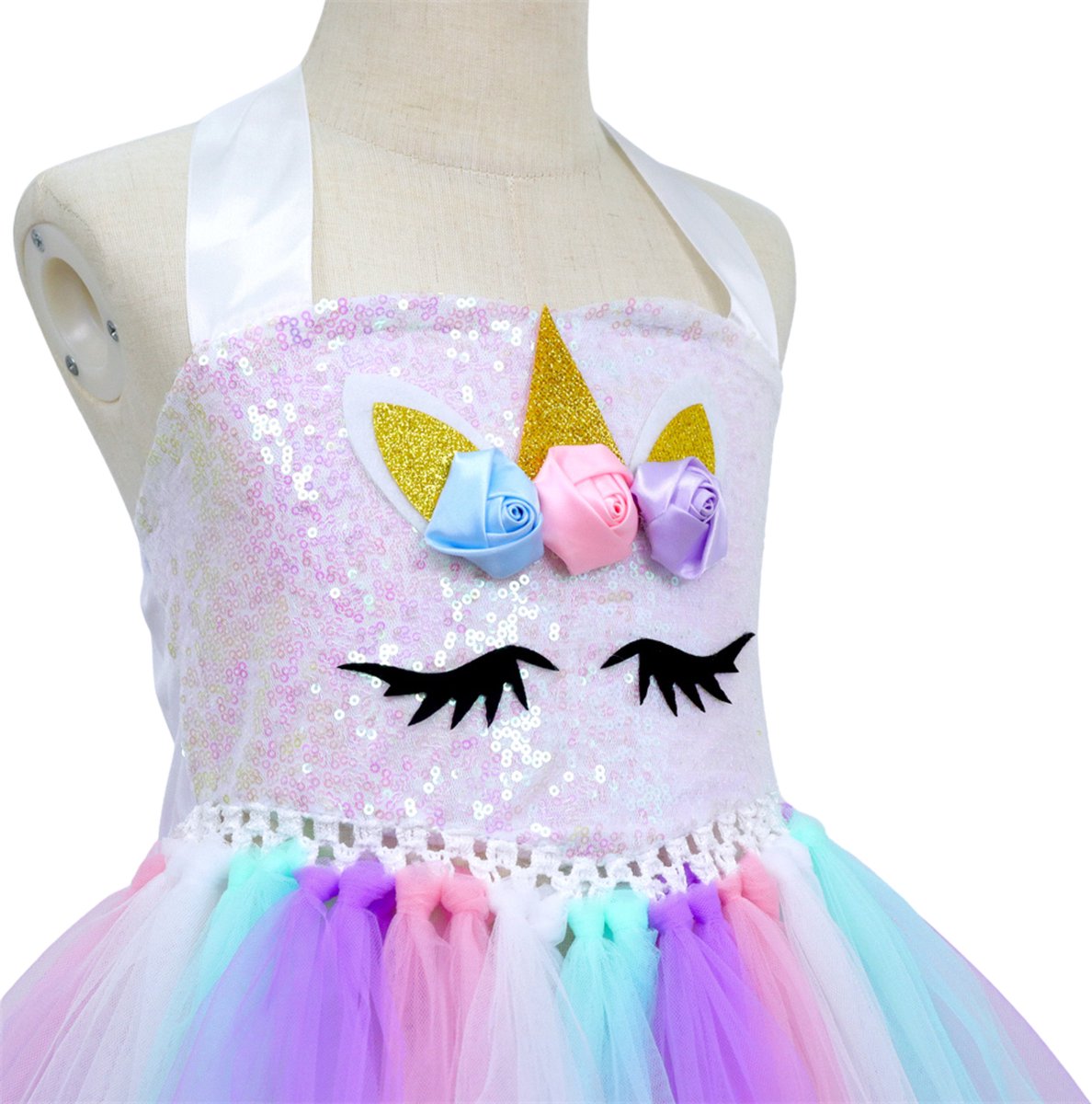 Joya Kids® Luxe Witte Eenhoorn Verkleed Jurk met Pailletten | Unicorn Jurk kostuum | Prinsessen jurk verkleedjurk + Haarband | Jurk met pastel tule rok | cadeau meisje | — afbeelding 5