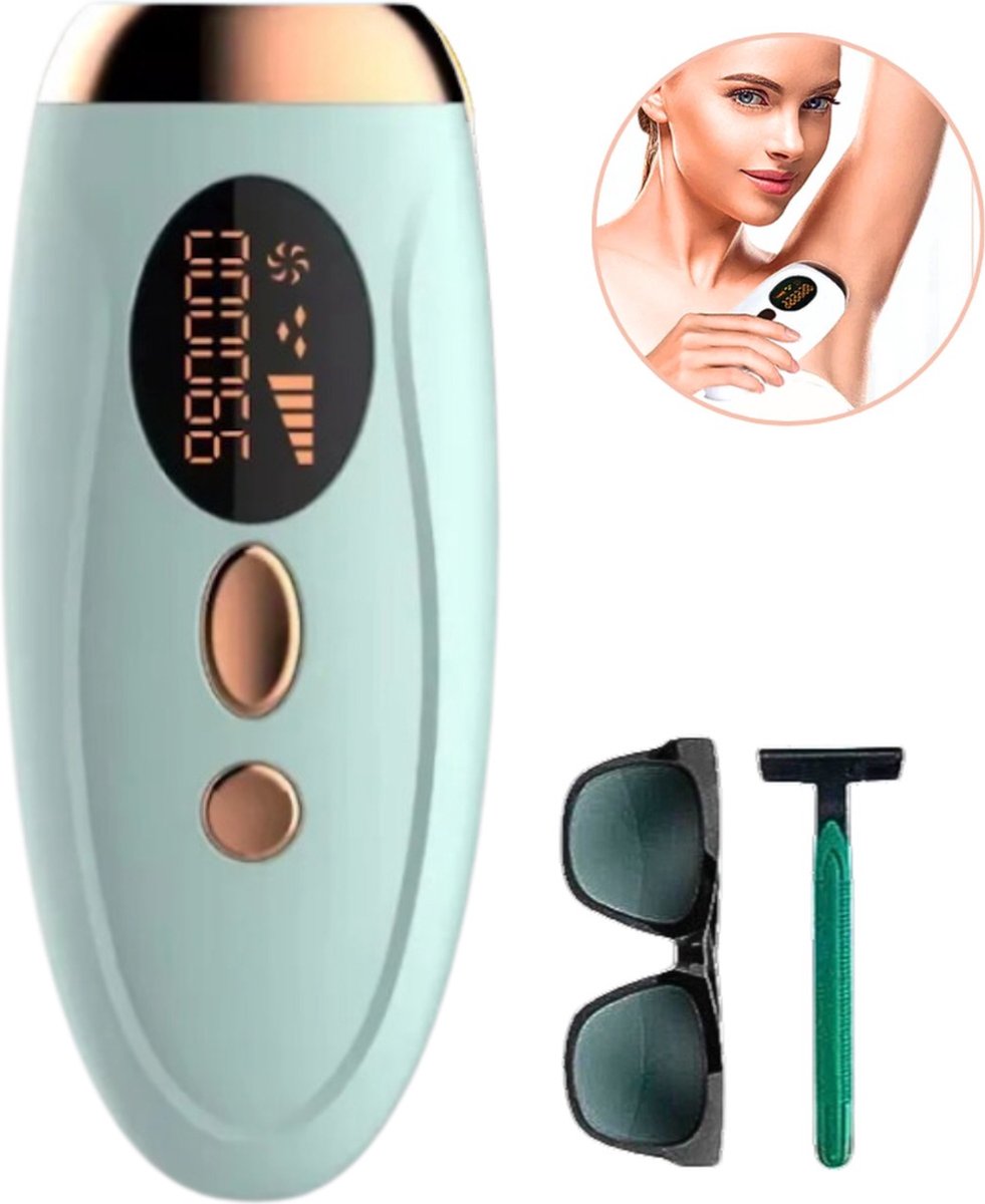 Bol.com IPL Laser Ontharingsapparaat - Incl. beschermingsbril & Scheermes - 5 Standen - Baby blauw aanbieding