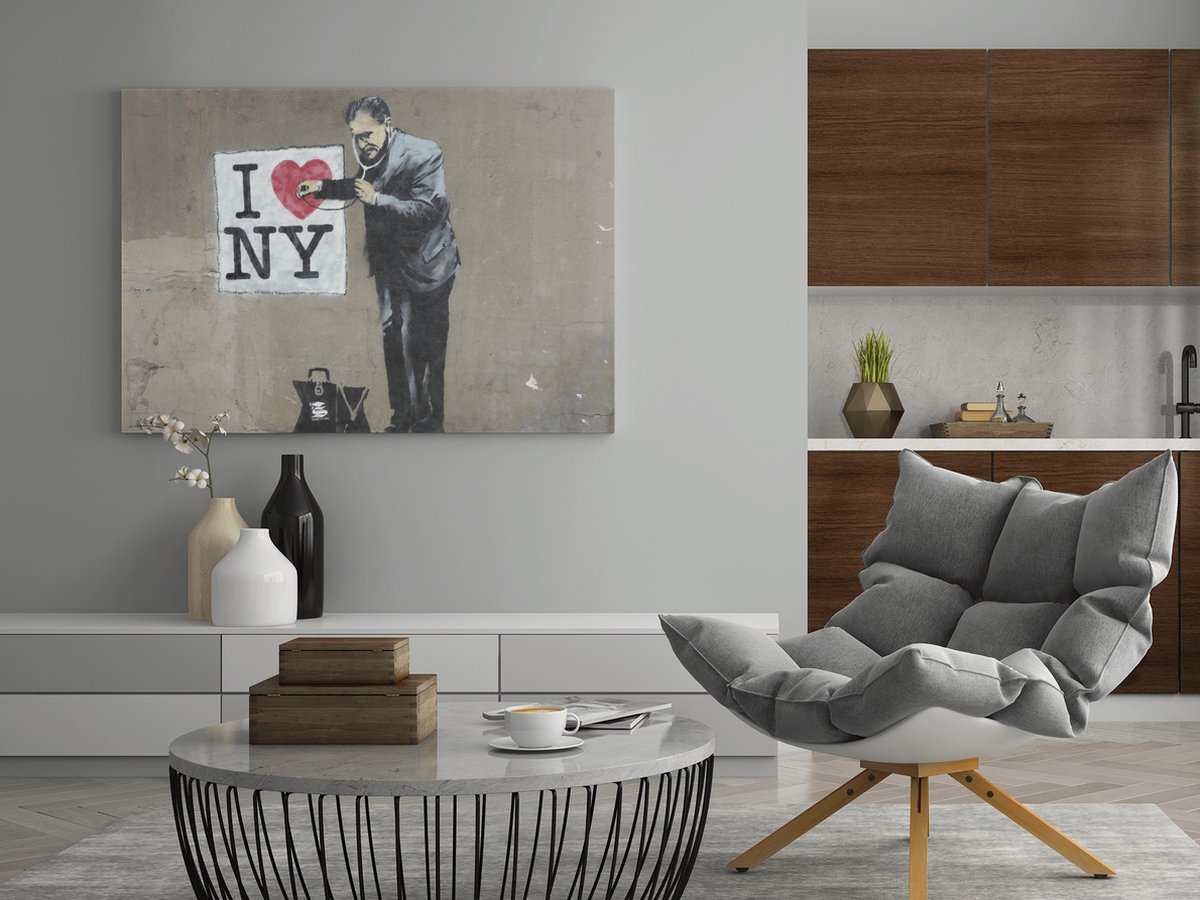 Trendex Global Canvas Schilderij - Banksy - I Love NY - Muur Kusnt - 120x80x2 cm Bruin
