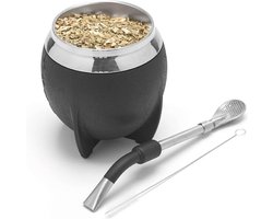 Yerba Mate Set - Roestvrijstalen Kalebas - Inclusief Bombilla en Reinigingsborstel - Zwart