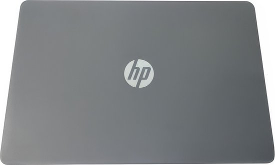 Grijze laptop deksel met wit HP logo in het midden.