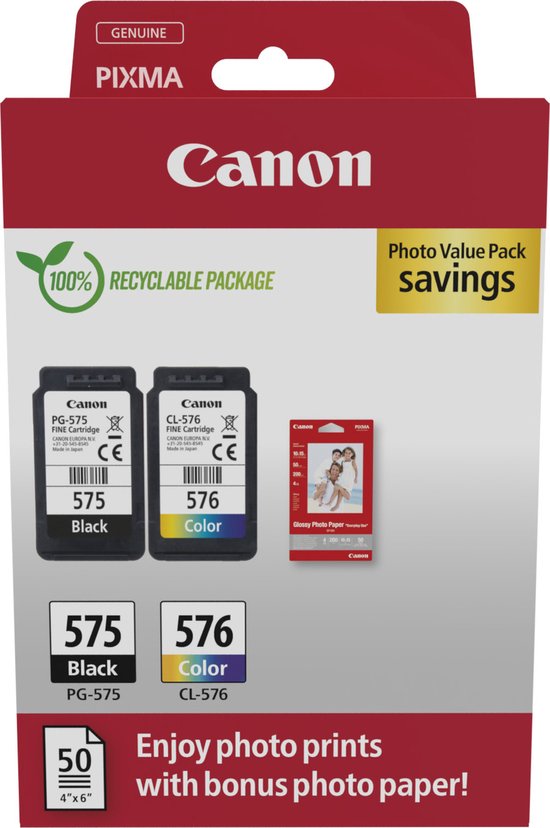 Canon pg-575 + cl-576 Inktcartridge - Zwart + Kleur - 50x Glossy fotopapier