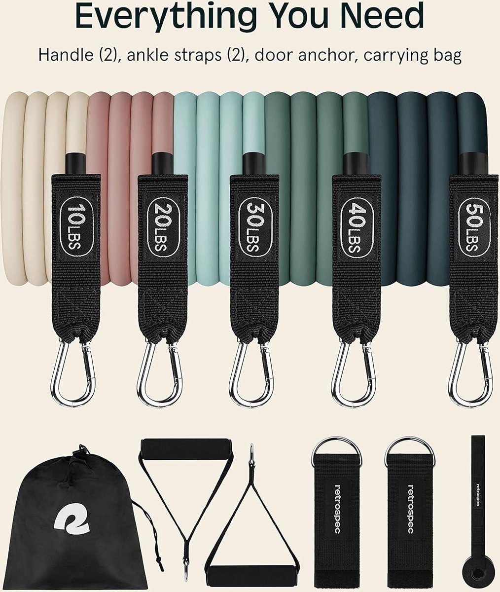 Weerstand Bands Set voor Training - 5 stuks Workout Bands met Handvatten, Deur Anker, Draagtas - Vrouwen & Mannen — cadeau in Sport & Outdoor - foto 2
