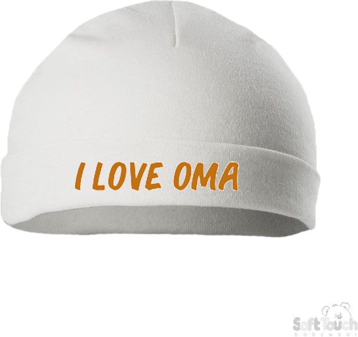 Soft Touch Mutsje Rolmutsje Bedrukt "I Love Oma" Wit/tan Maat 0-3 maanden Maat 56/62
