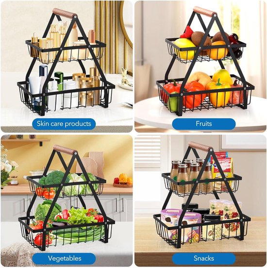 Fruitetagère, 2 Etages, Fruitmand, Rek, Fruitschaal, Afneembare Houder Keukenopbergmand Groenterek Groenten Brood Snackmand Zwart