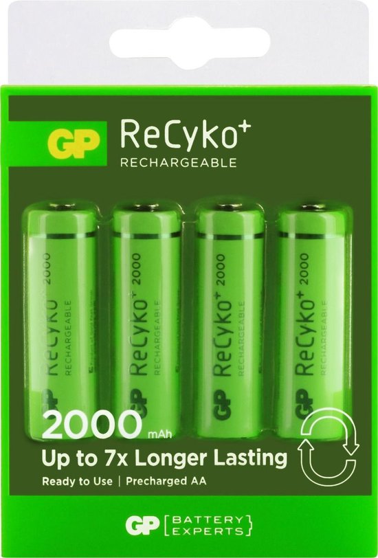 Verpakking met vier GP ReCyko+ 2000mAh oplaadbare AA batterijen. Tekst: 'Up to 7x Longer Lasting'.