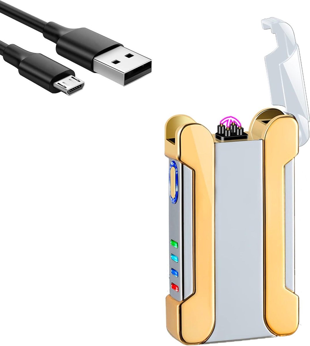 Goedkoopste Dubbele Boog Elektrische Aansteker met Batterij-Indicator - USB Oplaadbaar - Voor Mannen Vrouwen - Geschenkdoos - Zilver