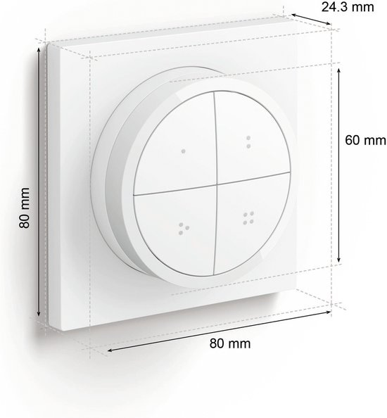 Afmetingen van de Philips Hue Tap Dial Switch: 80x80x24,3 mm.