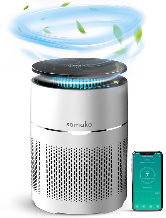 Foto: Samako airflow pro luchtreiniger hepa 13 pro filter hooikoorts huisdier allergie n huisstofmijt luchtkwaliteitsindicator air purifier nederlandse app slaapstand