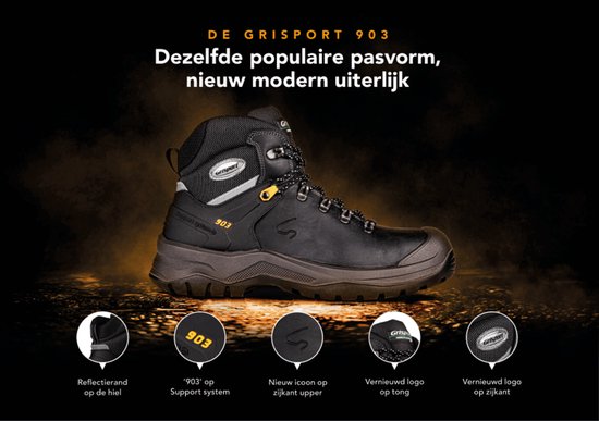 Promotionele afbeelding van de Grisport 903 met tekst 'Dezelfde populaire pasvorm, nieuw modern uiterlijk'.