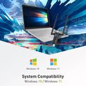 EDUP WiFi 6E adapter aangesloten op een laptop met een kleurrijke achtergrond. Systeemcompatibiliteit met Windows 10 en Windows 11.