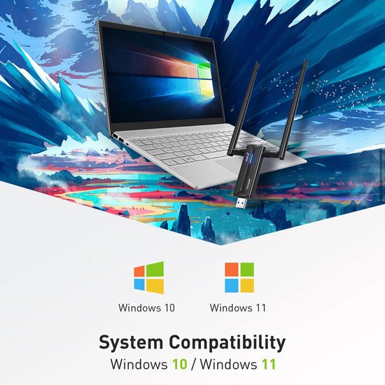 EDUP WiFi 6E adapter aangesloten op een laptop met een kleurrijke achtergrond. Systeemcompatibiliteit met Windows 10 en Windows 11.