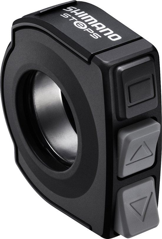 Zwarte Shimano STePS bedieningseenheid met een ronde opening en drie knoppen, twee met pijlen naar boven en beneden.