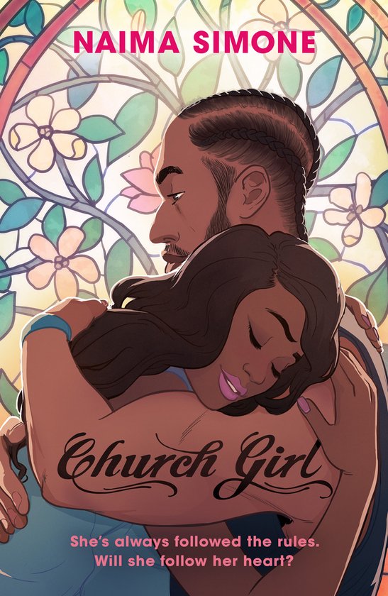 Boekcover "Church Girl" door Naima Simone. Een man omhelst een vrouw voor een glas-in-loodraam. Ze volgen haar hart?