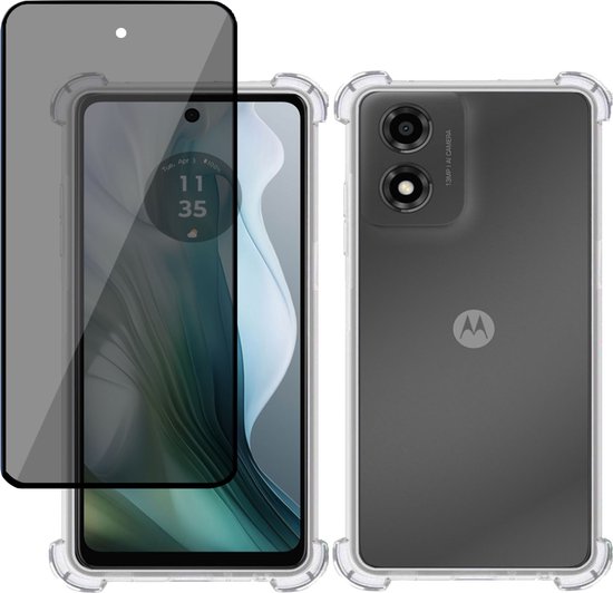 Coque + Film de protection d'écran privé adapté pour Motorola Moto E14 / Moto G04 / Moto G24 – Tempered Glass Privacy - Coque Transparente