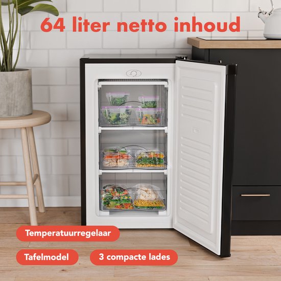 KitchenBrothers Vriezer - 64L - Compact Tafelmodel - 3 Vrieslades