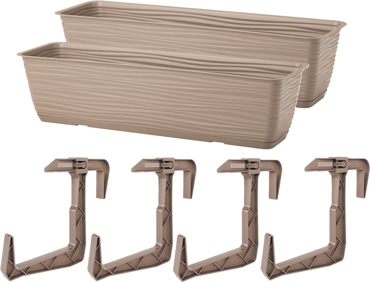 Form Plastic Balkon plantenbak Balustrade - 2x - incl ophangbeugels - kunststof - beige - L80 x B17 x H14