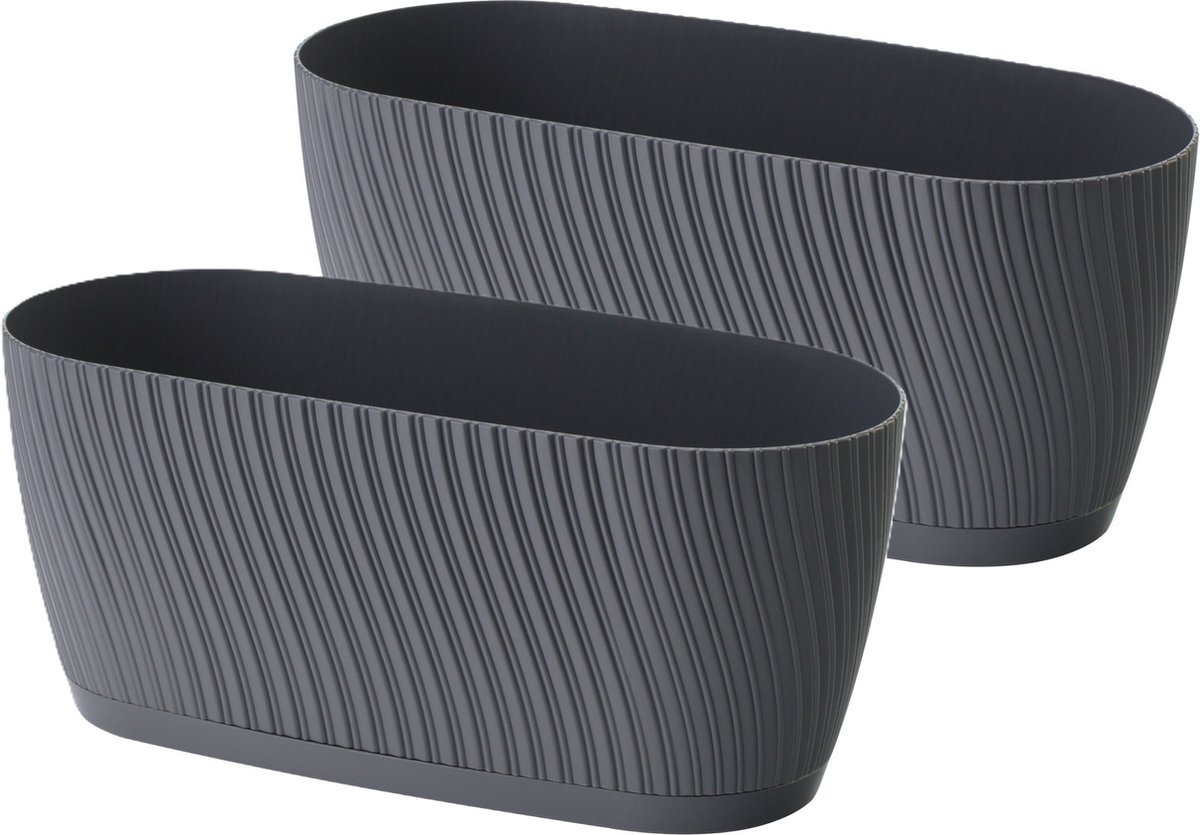 Form Plastic Plantenbak/bloembak Waves - 2x - kunststof - antraciet - D27 x B12 x H12 cm - met opvang schotel - rond