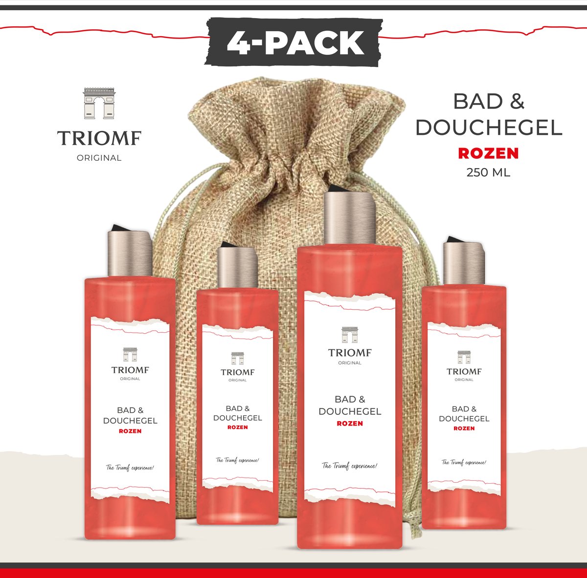 Goedkoopste Deluxe Bad & Douchegel - Rozen Parelmoer - 4-Pack - 250 ML | Cadeau Vrouw - Cadeau Man - Verzorgend Douche product - Luxe Voordeelverpakking Linnen zak - Wellness Gift Voordeelpakket - Cadeau Pakket 4 x Luxe Showergel fles - Rozengeur Rood