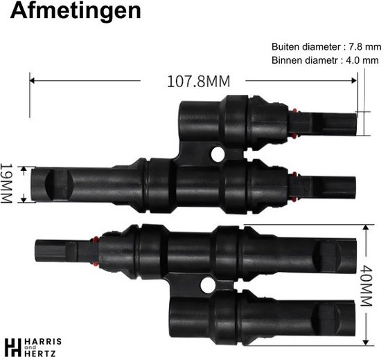 Harris and Hertz - MC4 Zonnepaneel T-Splitter - Solar MC4 Connector - IP67 - 2 Male naar 1 Female + 2 Female naar 1 Male - 1 van elk van HARRIS — afbeelding 3