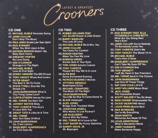Binnenkant van een 3 CD-album met de titel 'Latest & Greatest Crooners', met songtitels voor CD One, CD Two en CD Three.