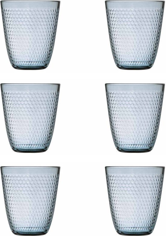 Ensemble de six verres bleus avec un motif losange.